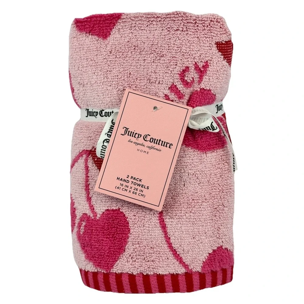 Juicy Couture Cherry Hand Towels 2 Pack Pink Red Bathroom Towels NWT 16 x 26